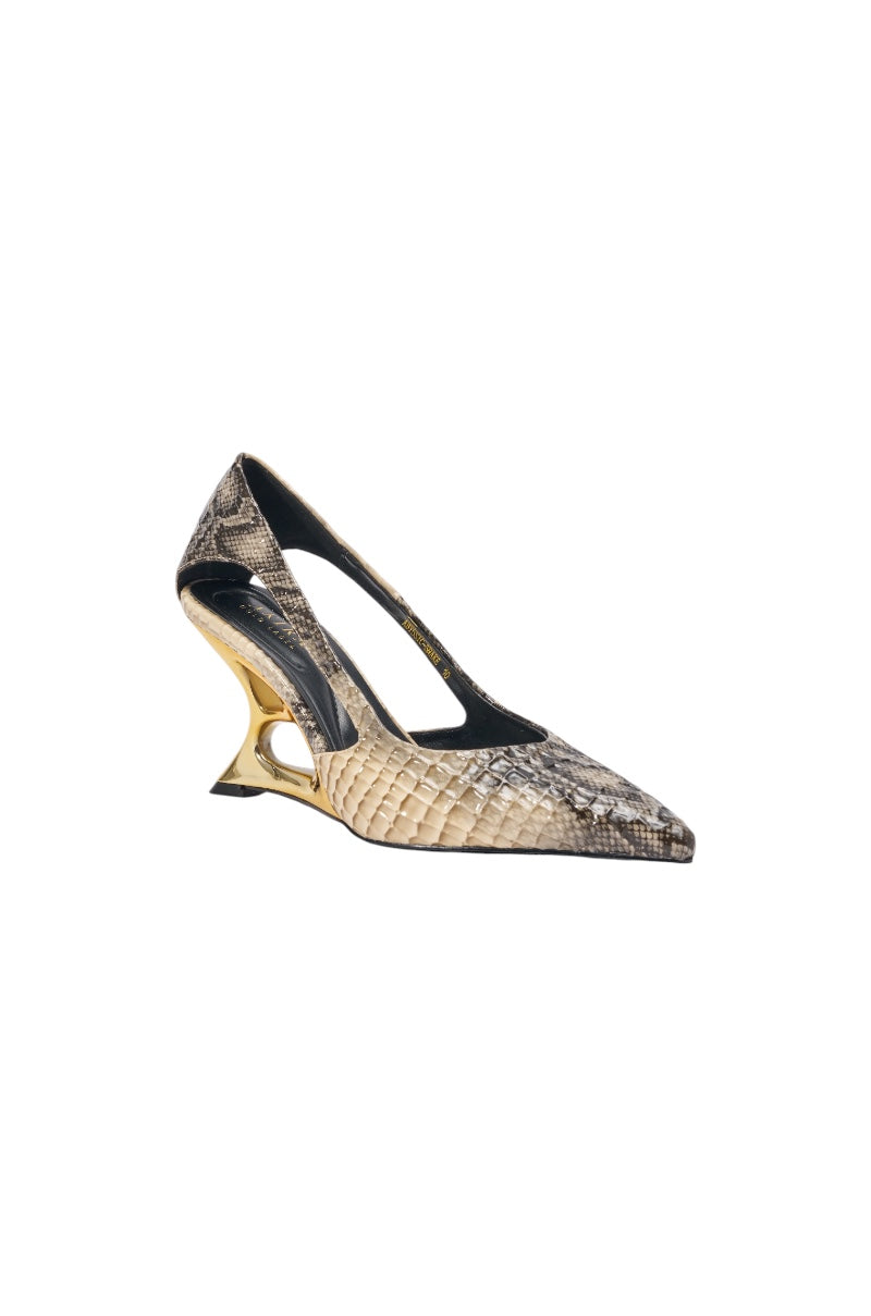 AKIRA GOLD ABYSSICA SNAKE PRINT GOLD WEDGE HEEL PUMP