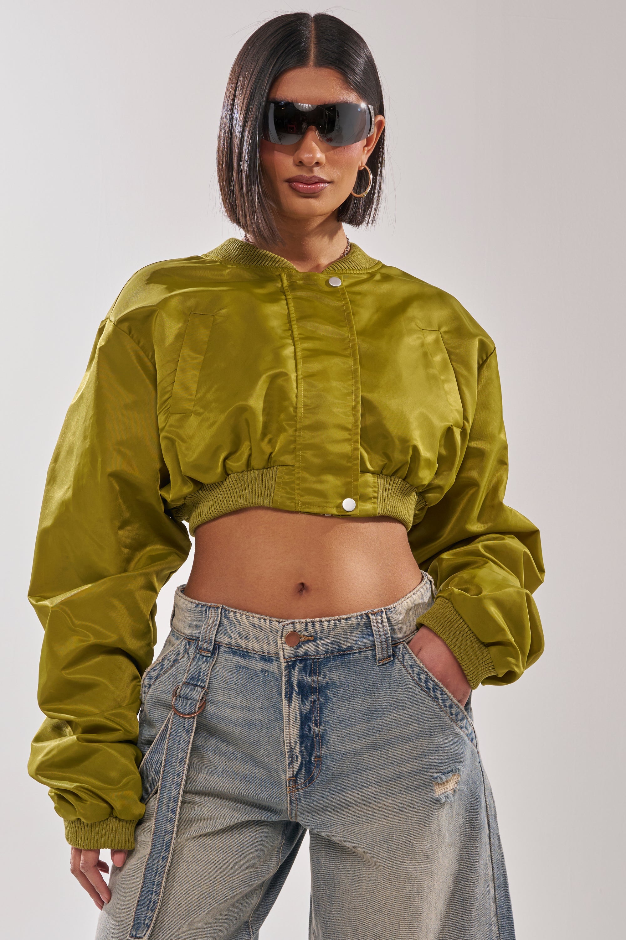 TAKE IT EASY CROPPED BOMBER IN GREEN