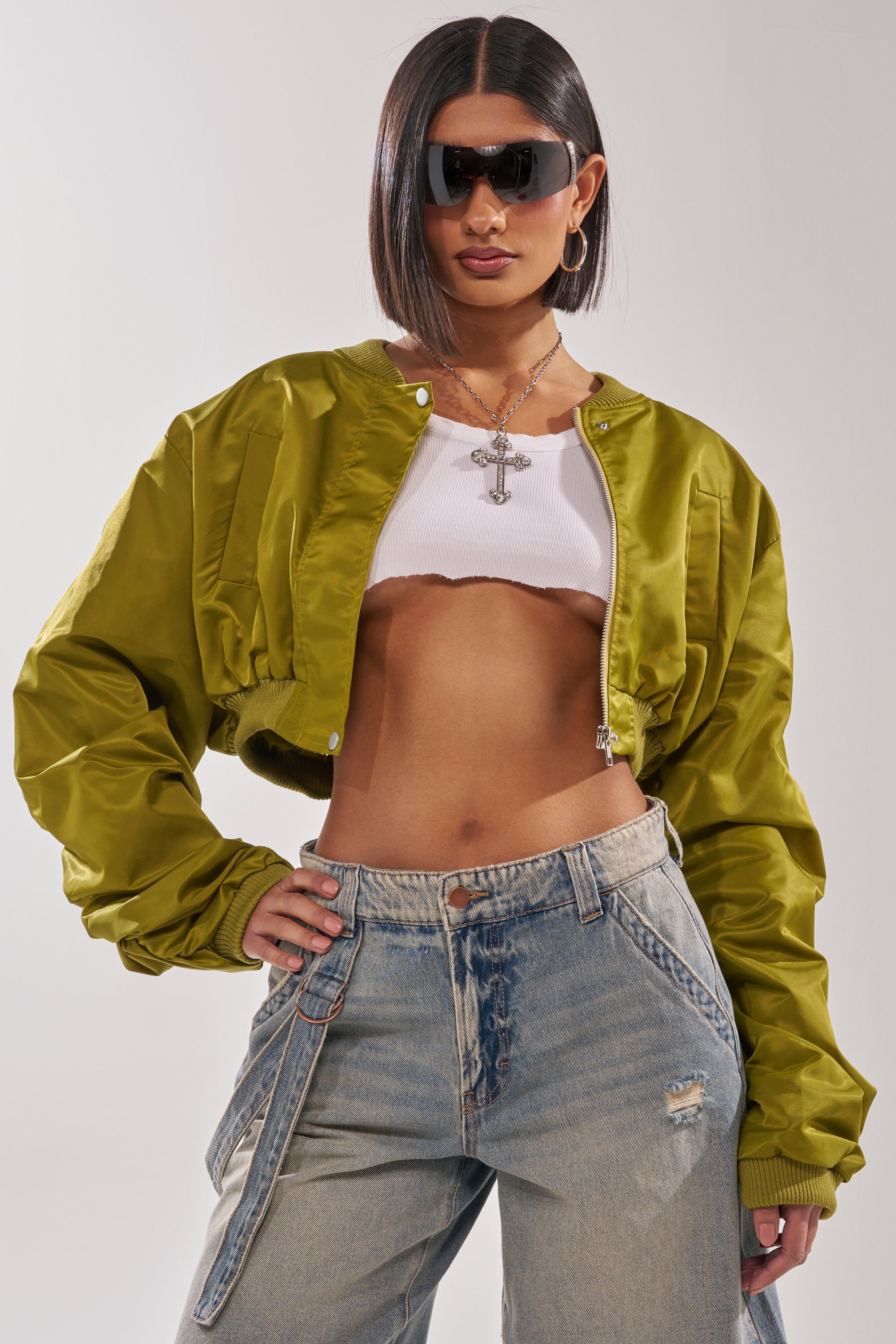 TAKE IT EASY CROPPED BOMBER IN GREEN
