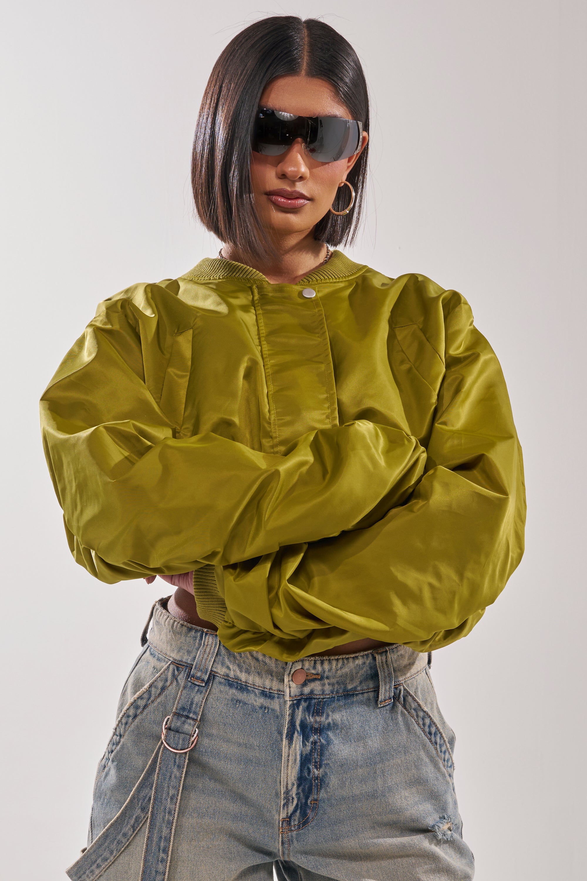 TAKE IT EASY CROPPED BOMBER IN GREEN