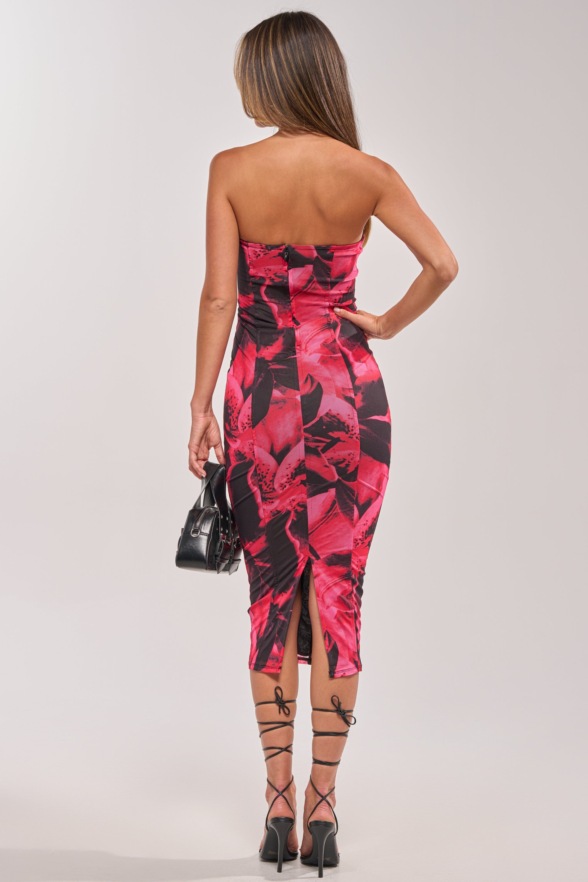FRONT ROW FLORAL MIDI DRESS IN PINK MULTI