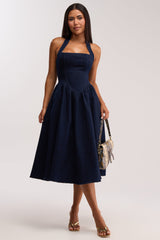 MISS INDEPENDENT DENIM HALTER MIDI DRESS