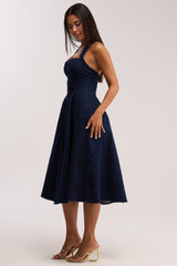 MISS INDEPENDENT DENIM HALTER MIDI DRESS