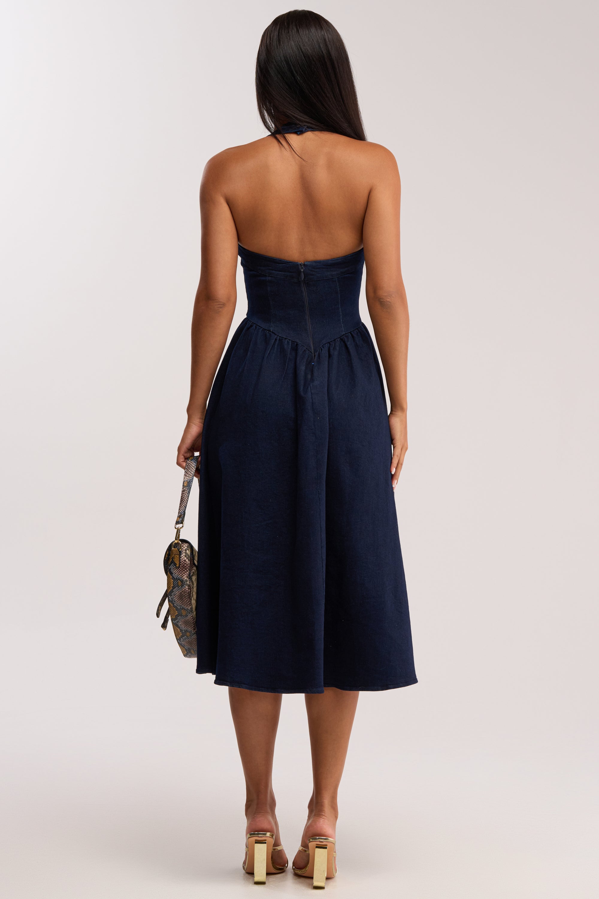 MISS INDEPENDENT DENIM HALTER MIDI DRESS
