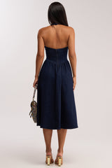 MISS INDEPENDENT DENIM HALTER MIDI DRESS
