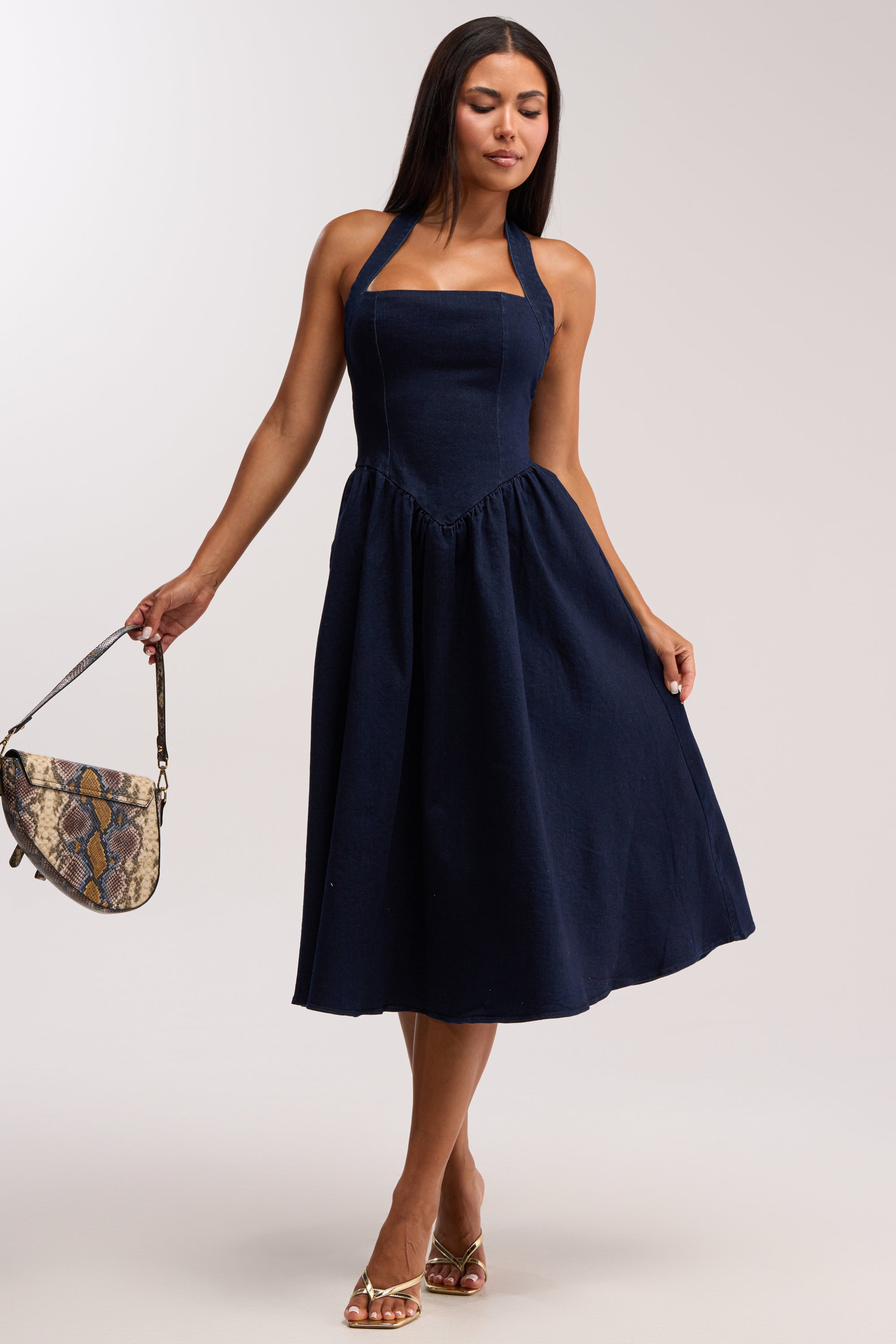 MISS INDEPENDENT DENIM HALTER MIDI DRESS