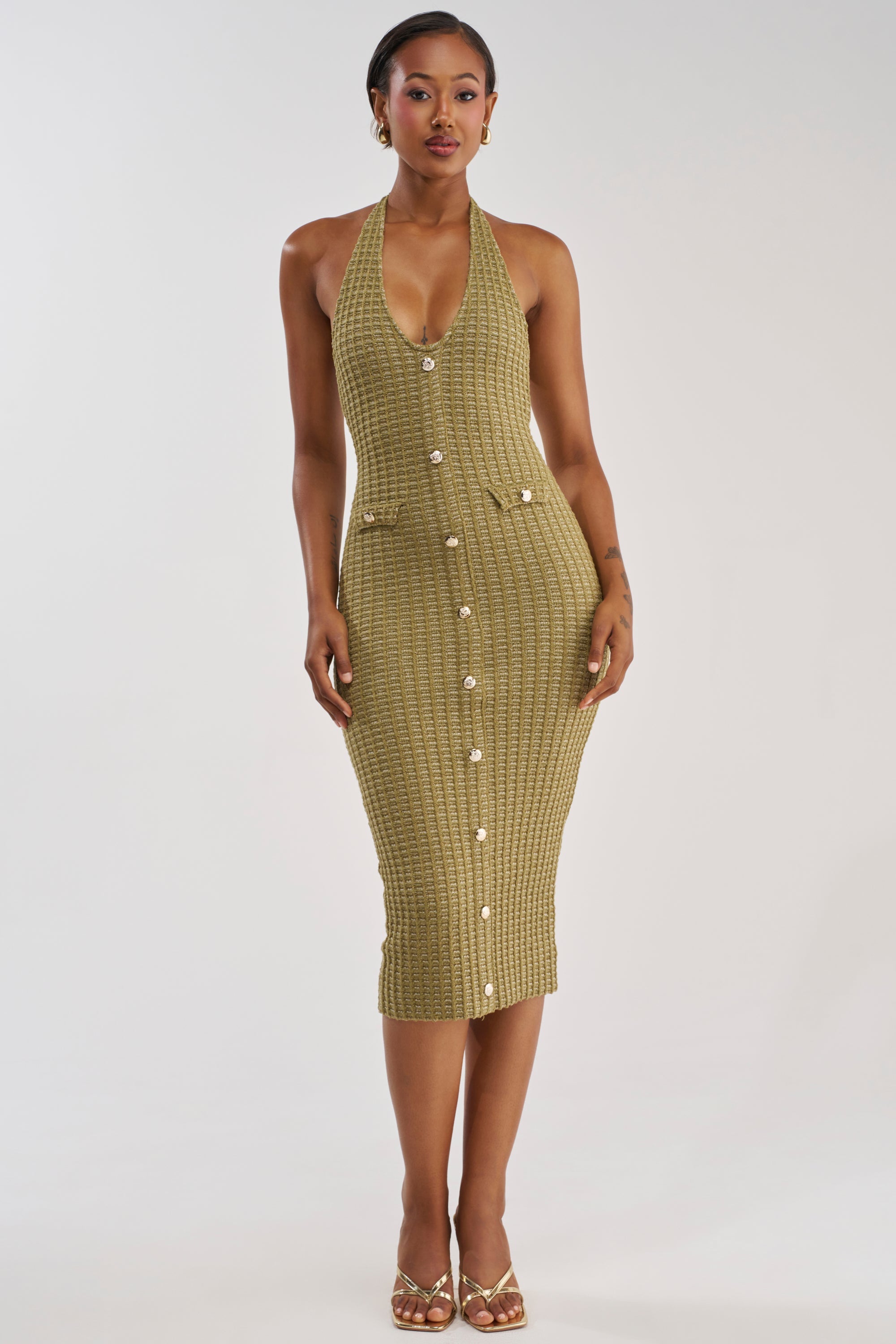 BUTTONED DOWN BADDIE MIDI DRESS IN OLIVE