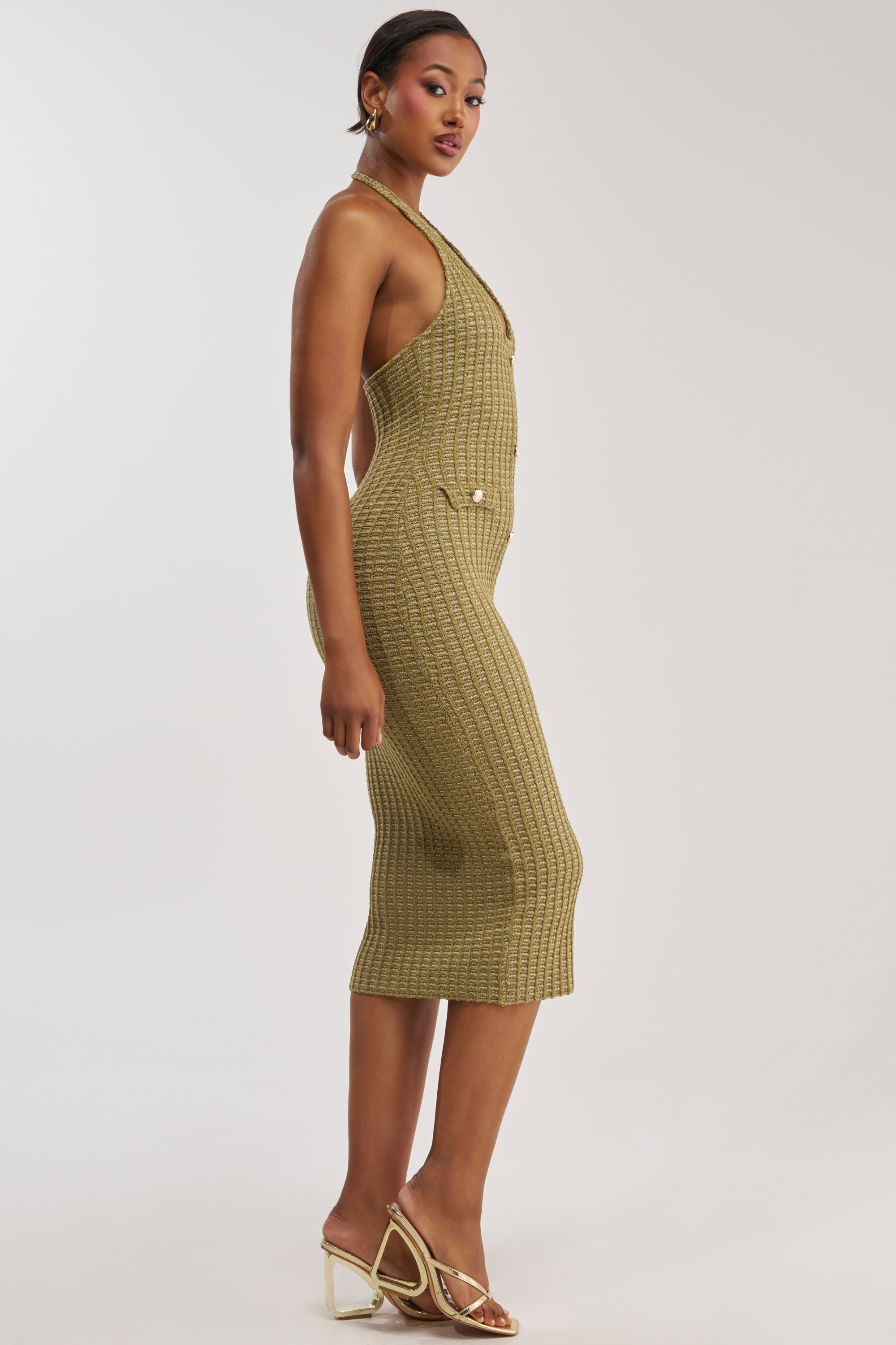 BUTTONED DOWN BADDIE MIDI DRESS IN OLIVE