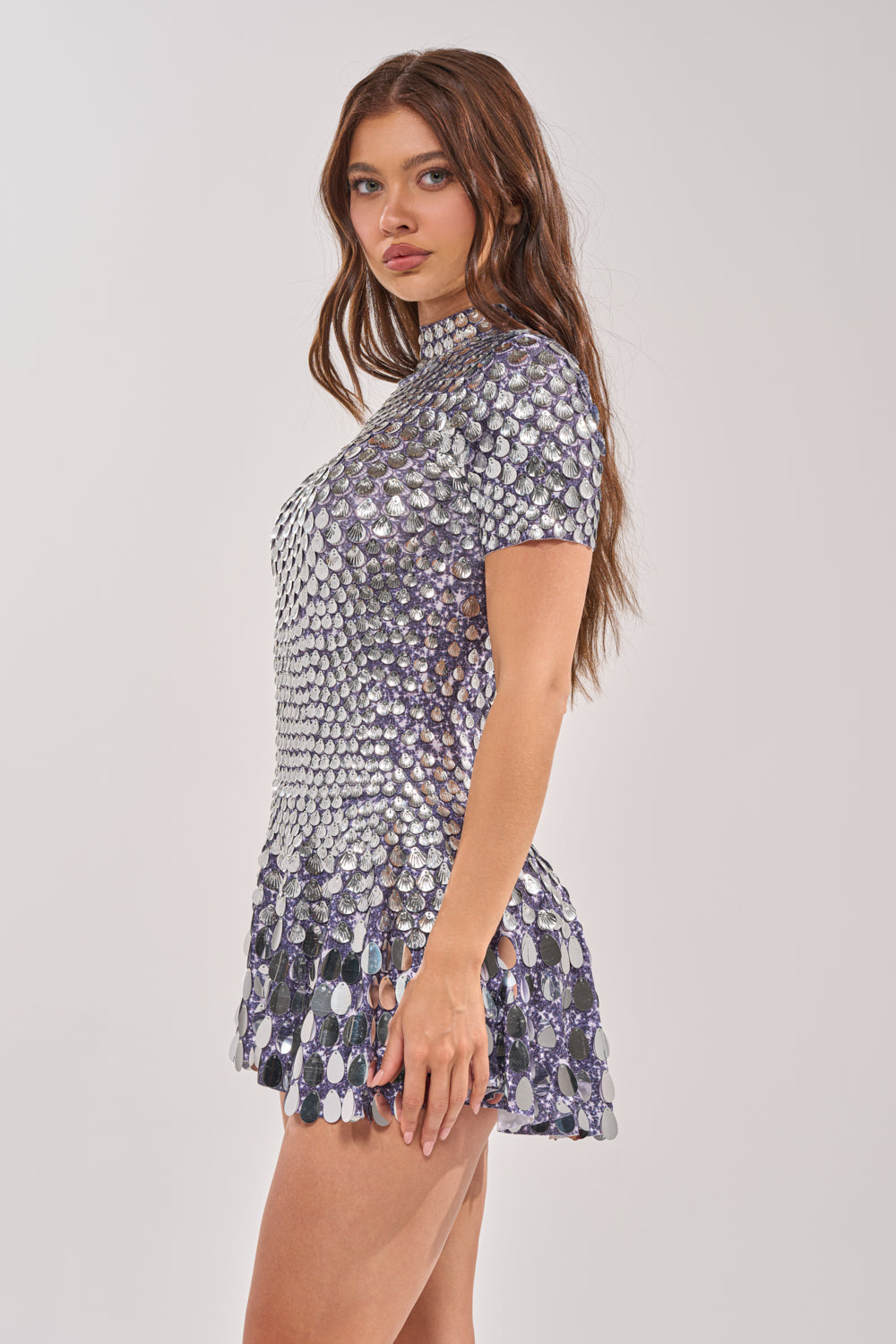 FAR FROM BASIC SEQUIN MINI DRESS IN SILVER