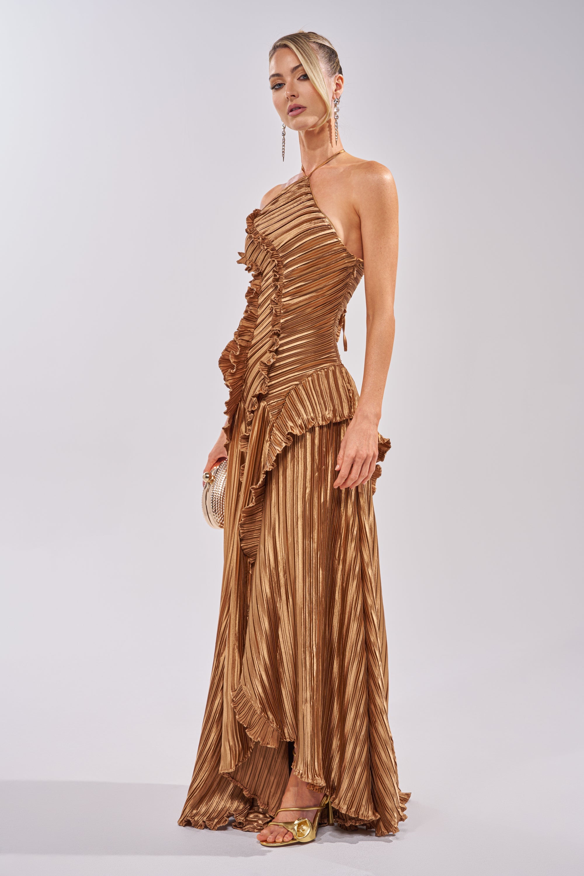CELESTE RUFFLE MAXI DRESS IN BRONZE