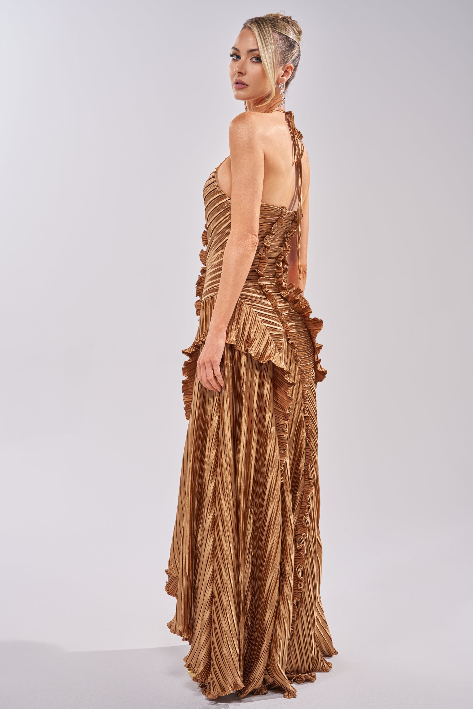 CELESTE RUFFLE MAXI DRESS IN BRONZE