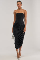BOLD MOVES STRAPLESS LACE UP MIDI DRESS