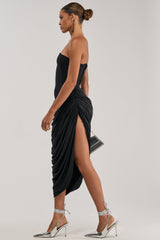 BOLD MOVES STRAPLESS LACE UP MIDI DRESS