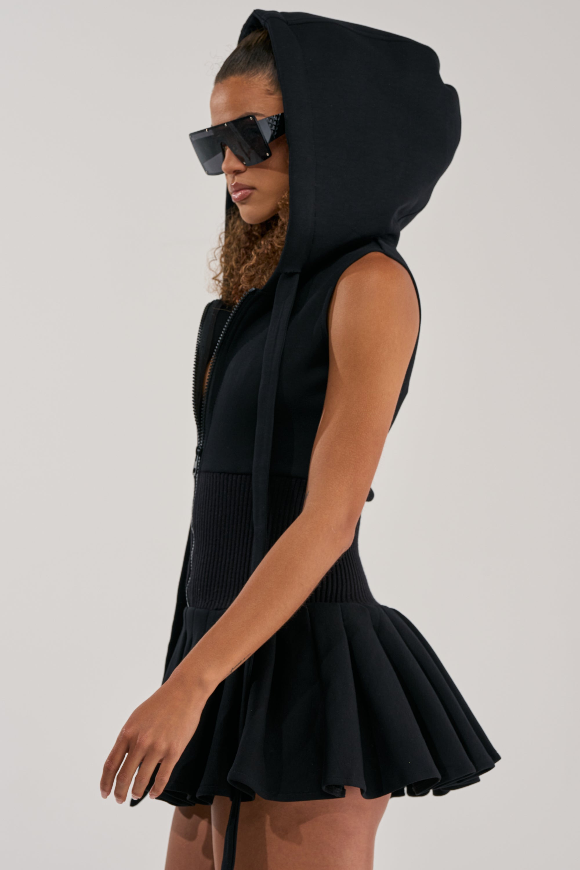 REBEL WITH A CAUSE HOODED MINI DRESS IN BLACK