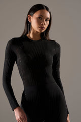 TWINKLING LIGHTS RHINESTONE LONG SLEEVE MESH BODYSUIT IN BLACK