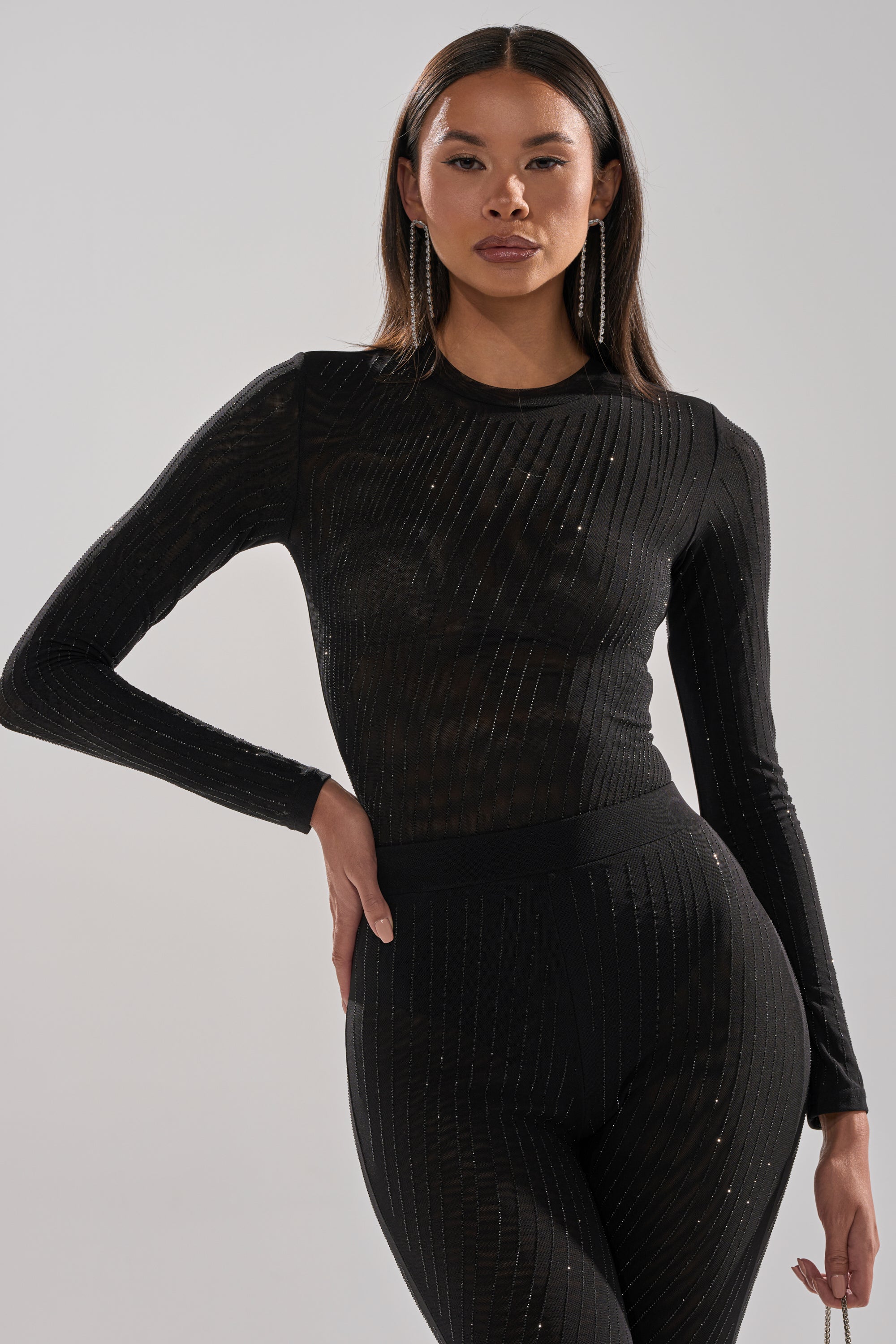 TWINKLING LIGHTS RHINESTONE LONG SLEEVE MESH BODYSUIT IN BLACK