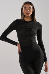 TWINKLING LIGHTS RHINESTONE LONG SLEEVE MESH BODYSUIT IN BLACK