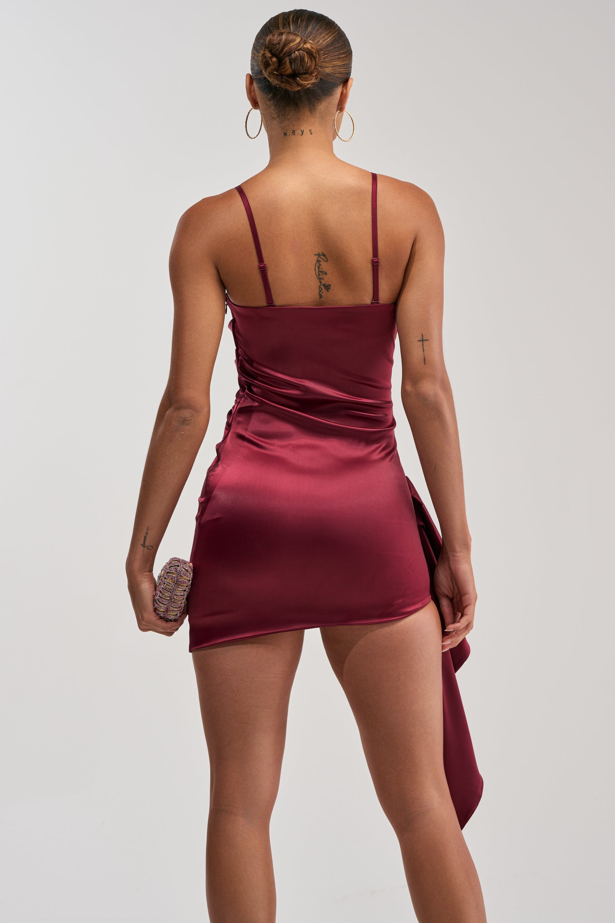 TWIRL ME TWICE SATIN MINI DRESS IN BURGUNDY