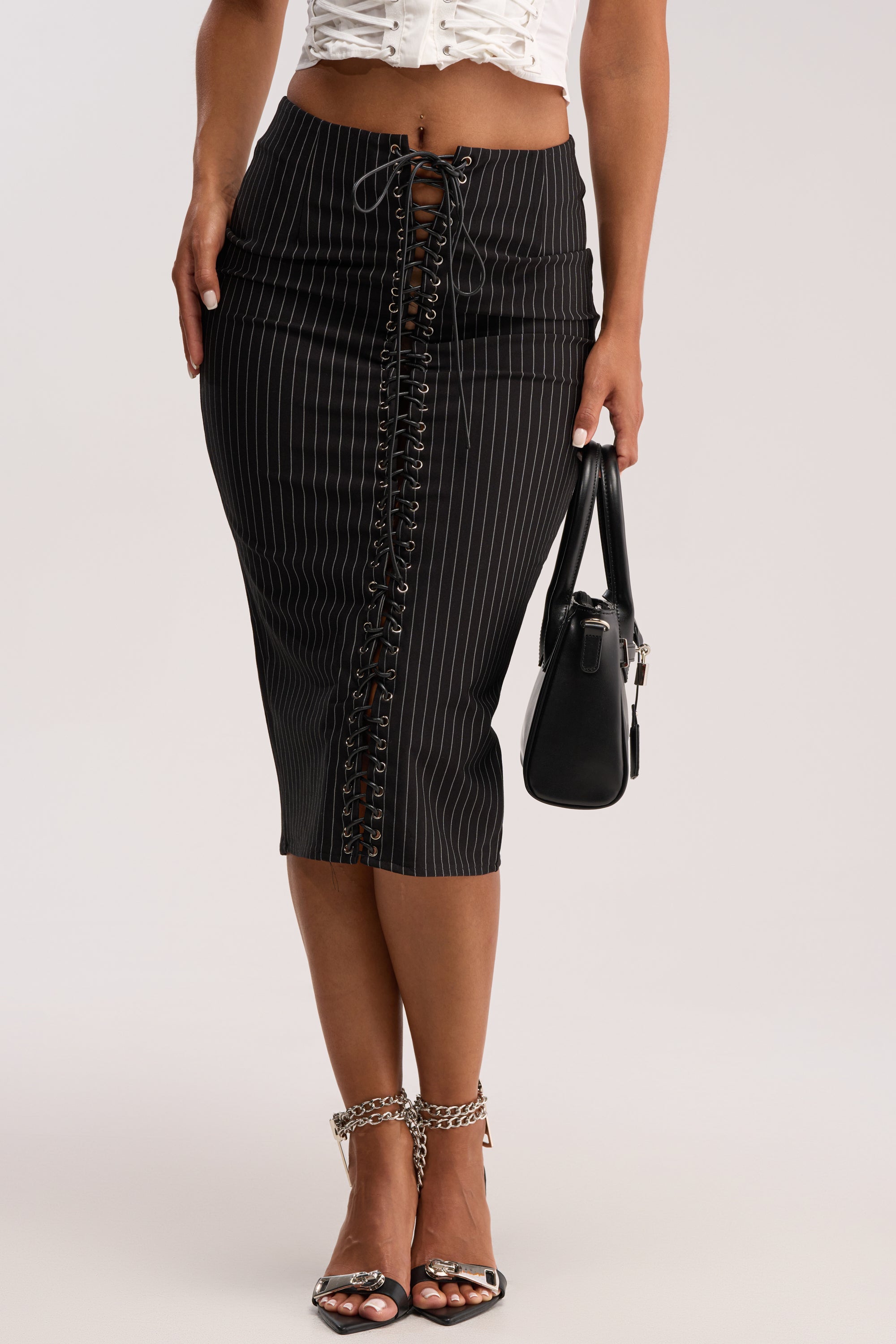 LIVI STRETCHY PINSTRIPE MIDI SKIRT