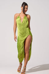 SOFIA FRINGE HIGH SLIT MIDI DRESS IN GREEN