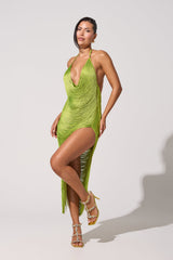 SOFIA FRINGE HIGH SLIT MIDI DRESS IN GREEN