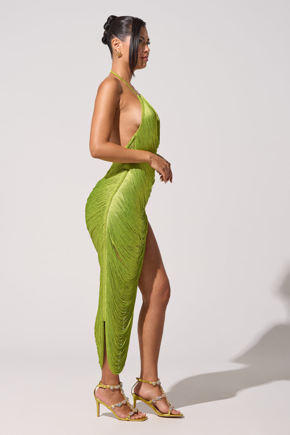 SOFIA FRINGE HIGH SLIT MIDI DRESS IN GREEN