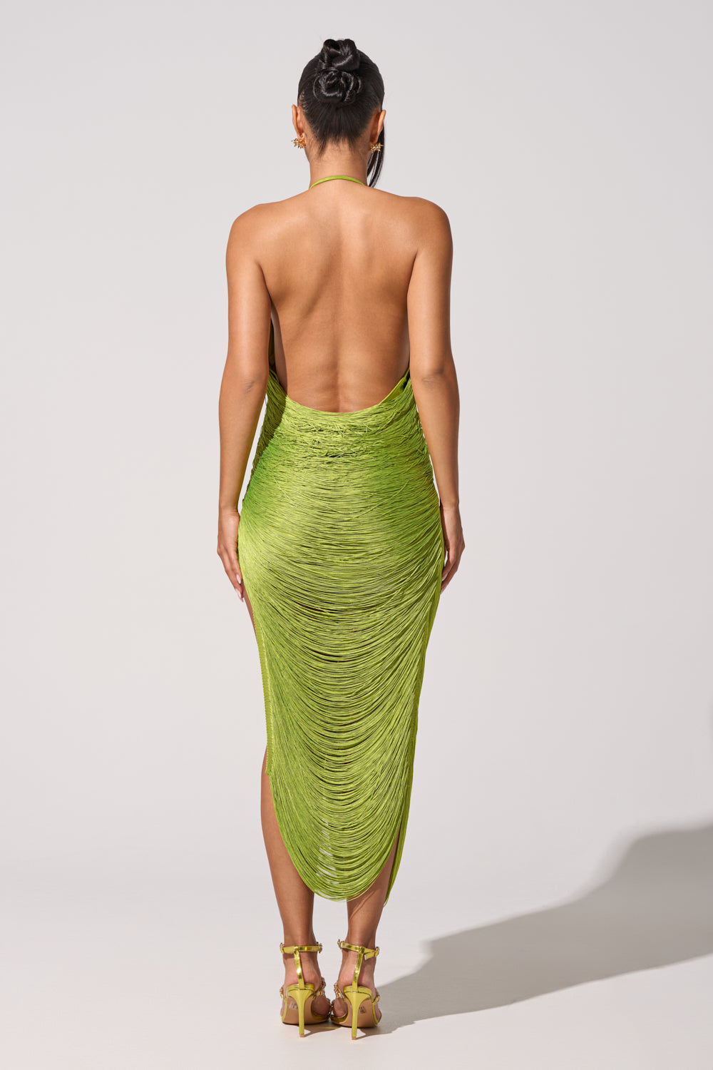 SOFIA FRINGE HIGH SLIT MIDI DRESS IN GREEN