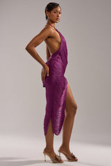 SOFIA FRINGE HIGH SLIT MIDI DRESS IN PURPLE
