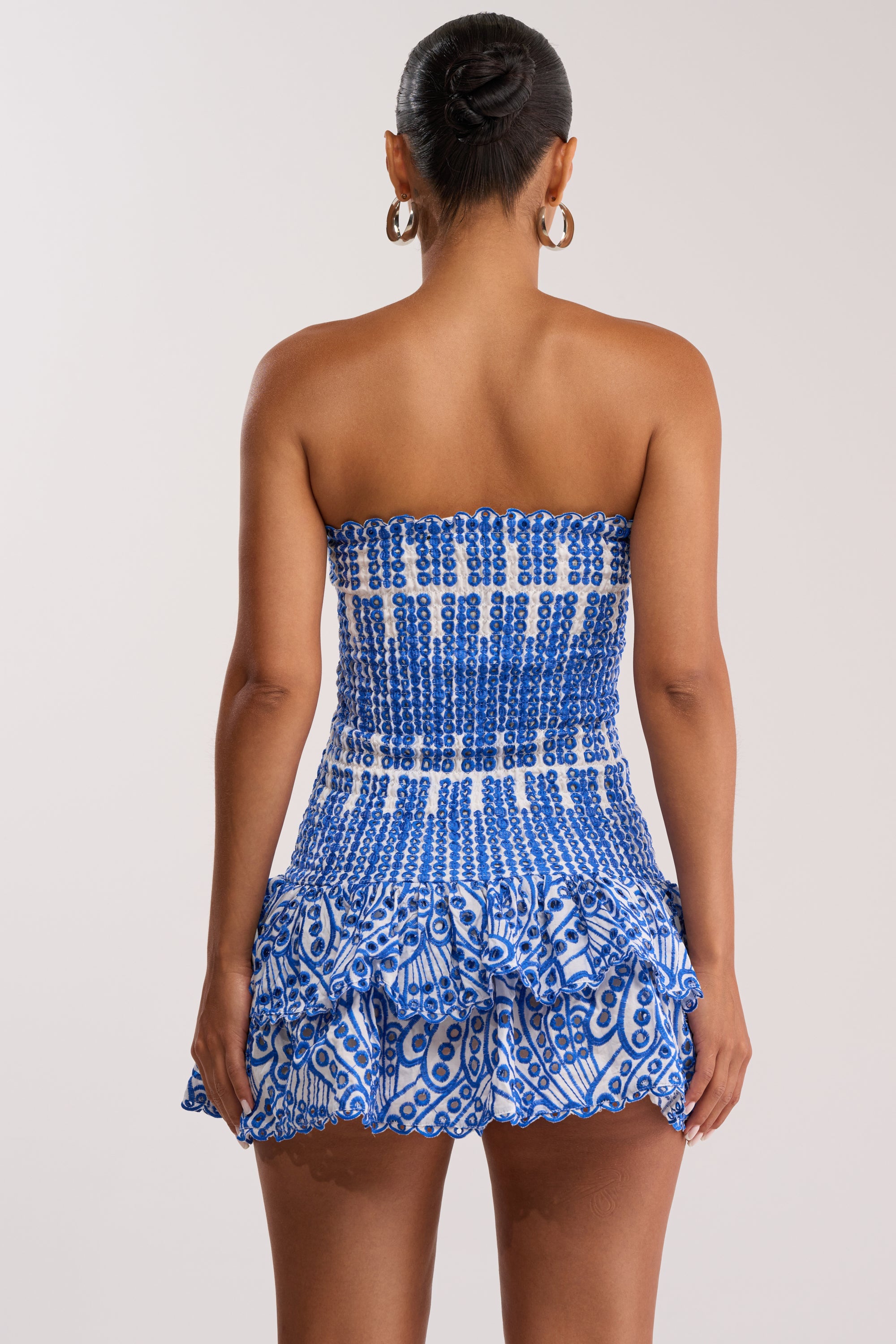 SUMMER OF LOVE SMOCKED EYELET STRAPLESS MINI DRESS