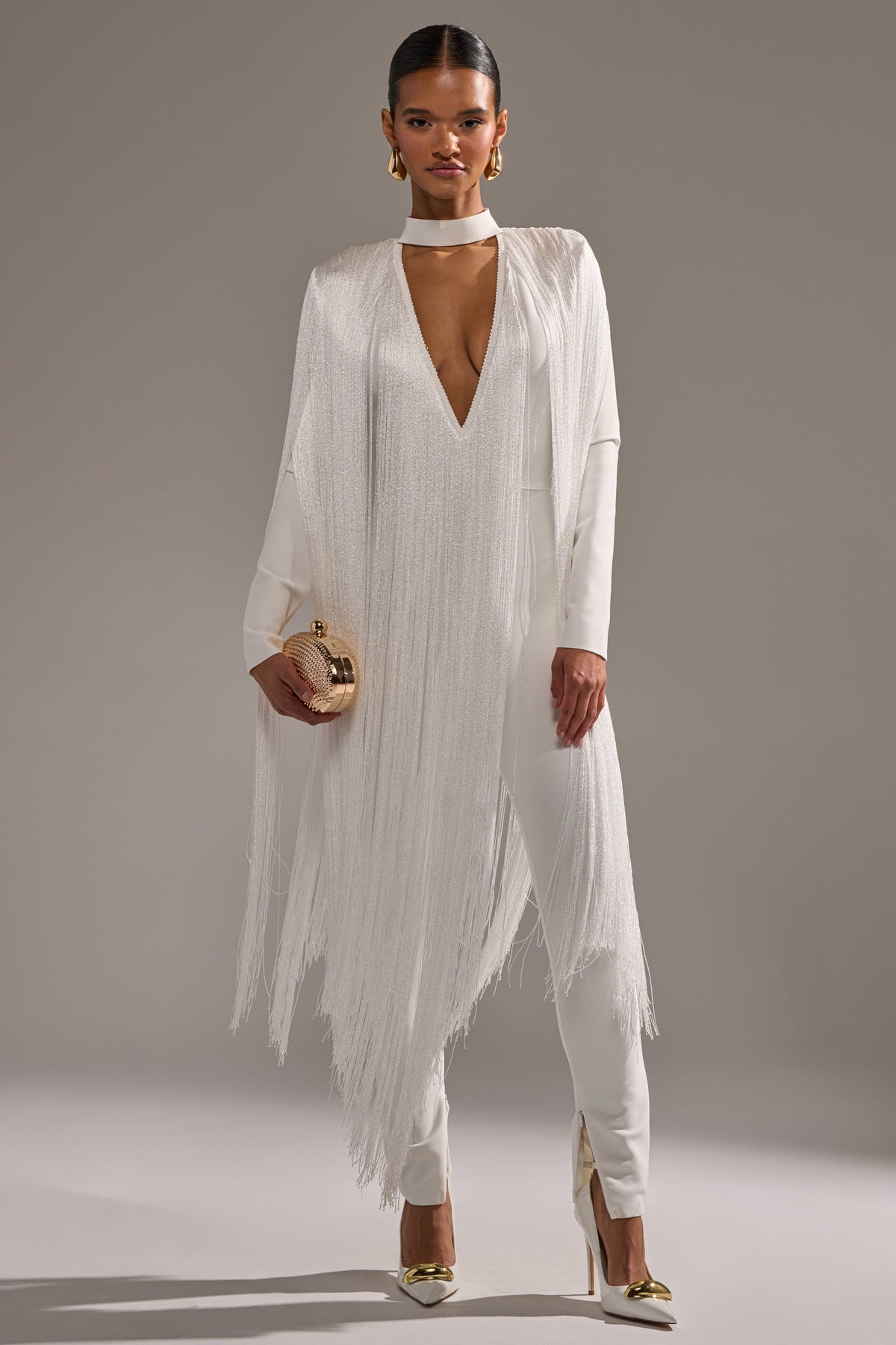 BELLE BANDAGE JUMPSUIT WITH FRINGE IN WHITE