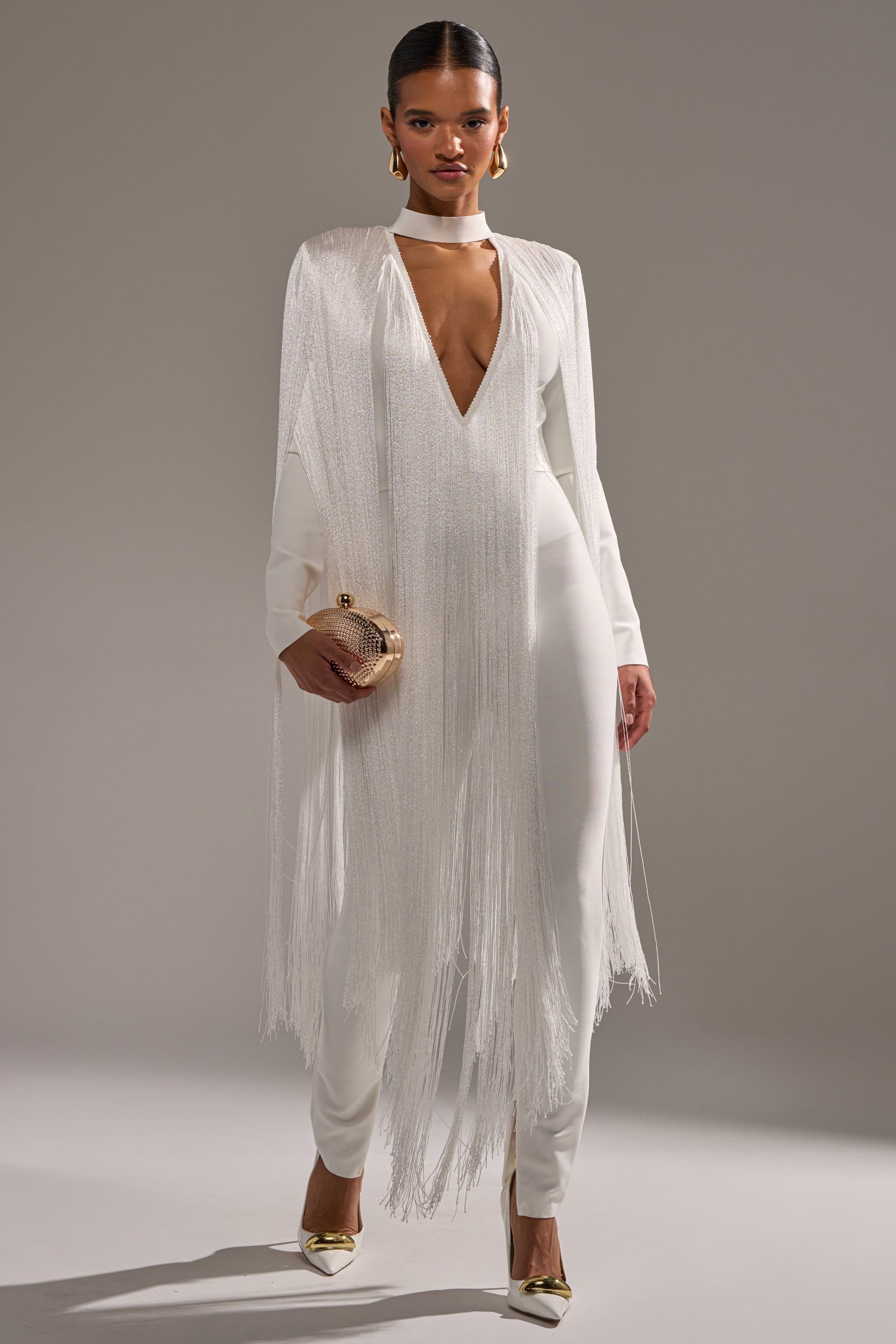 BELLE BANDAGE JUMPSUIT WITH FRINGE IN WHITE