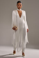 BELLE BANDAGE JUMPSUIT WITH FRINGE IN WHITE