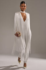 BELLE BANDAGE JUMPSUIT WITH FRINGE IN WHITE