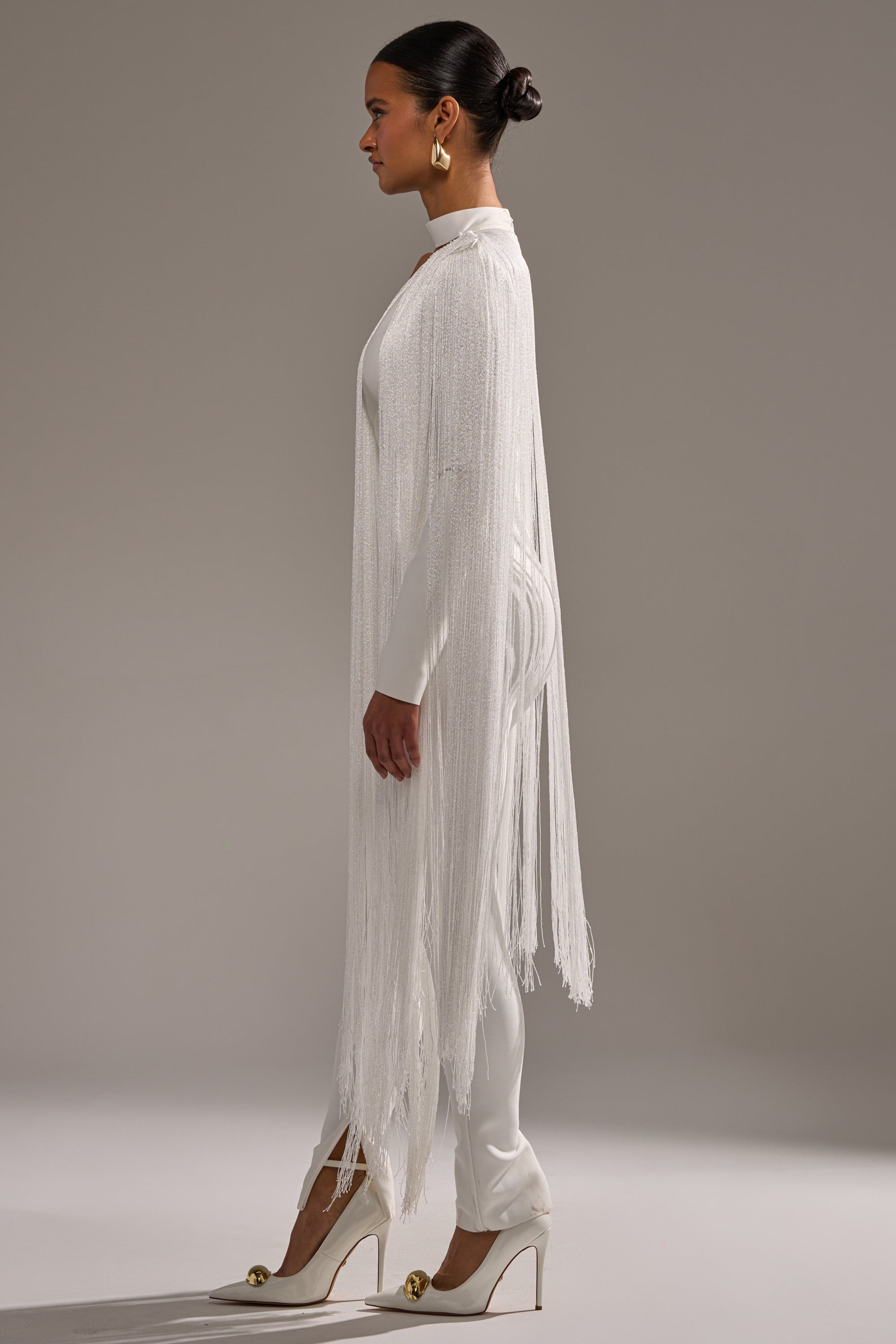 BELLE BANDAGE JUMPSUIT WITH FRINGE IN WHITE