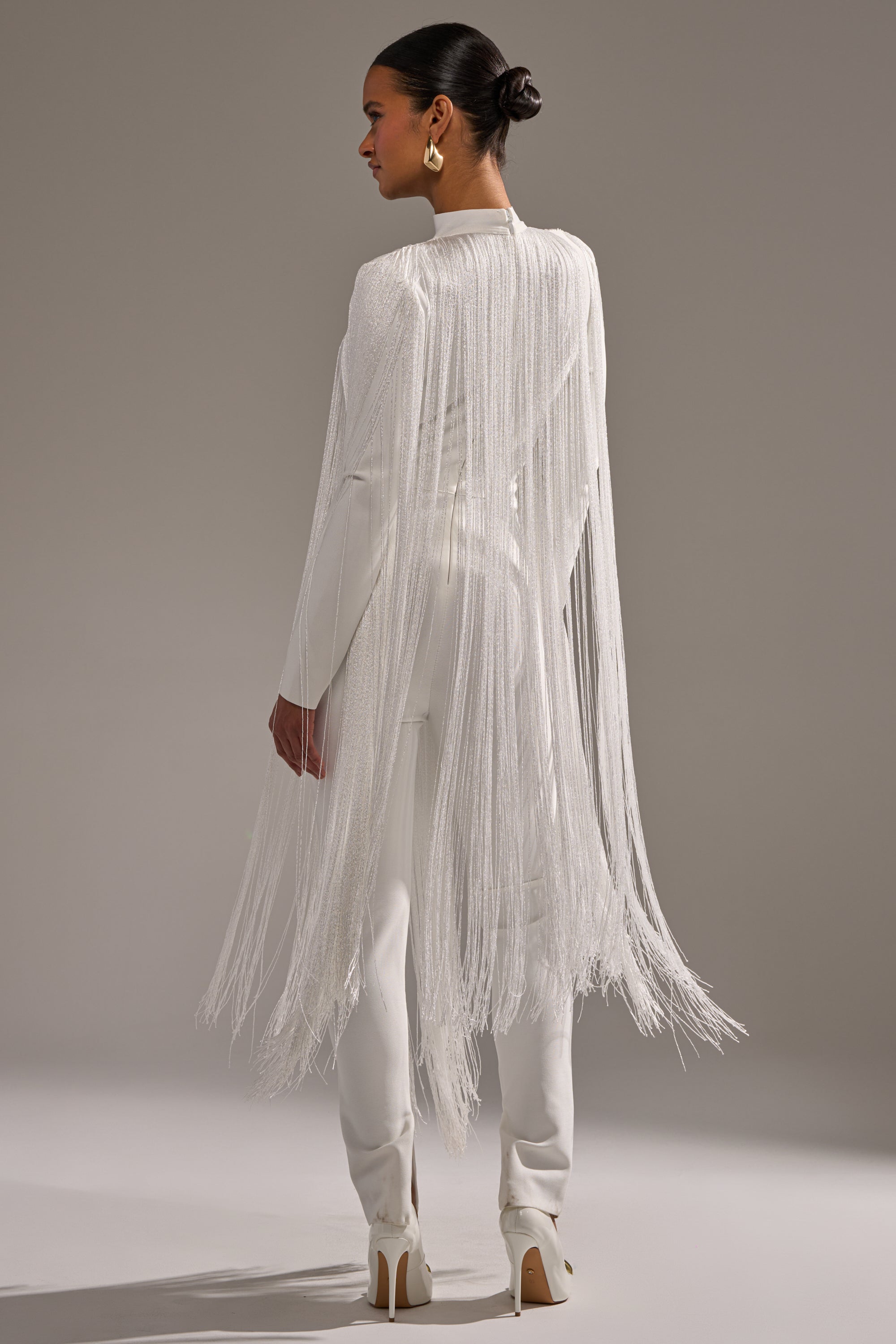 BELLE BANDAGE JUMPSUIT WITH FRINGE IN WHITE