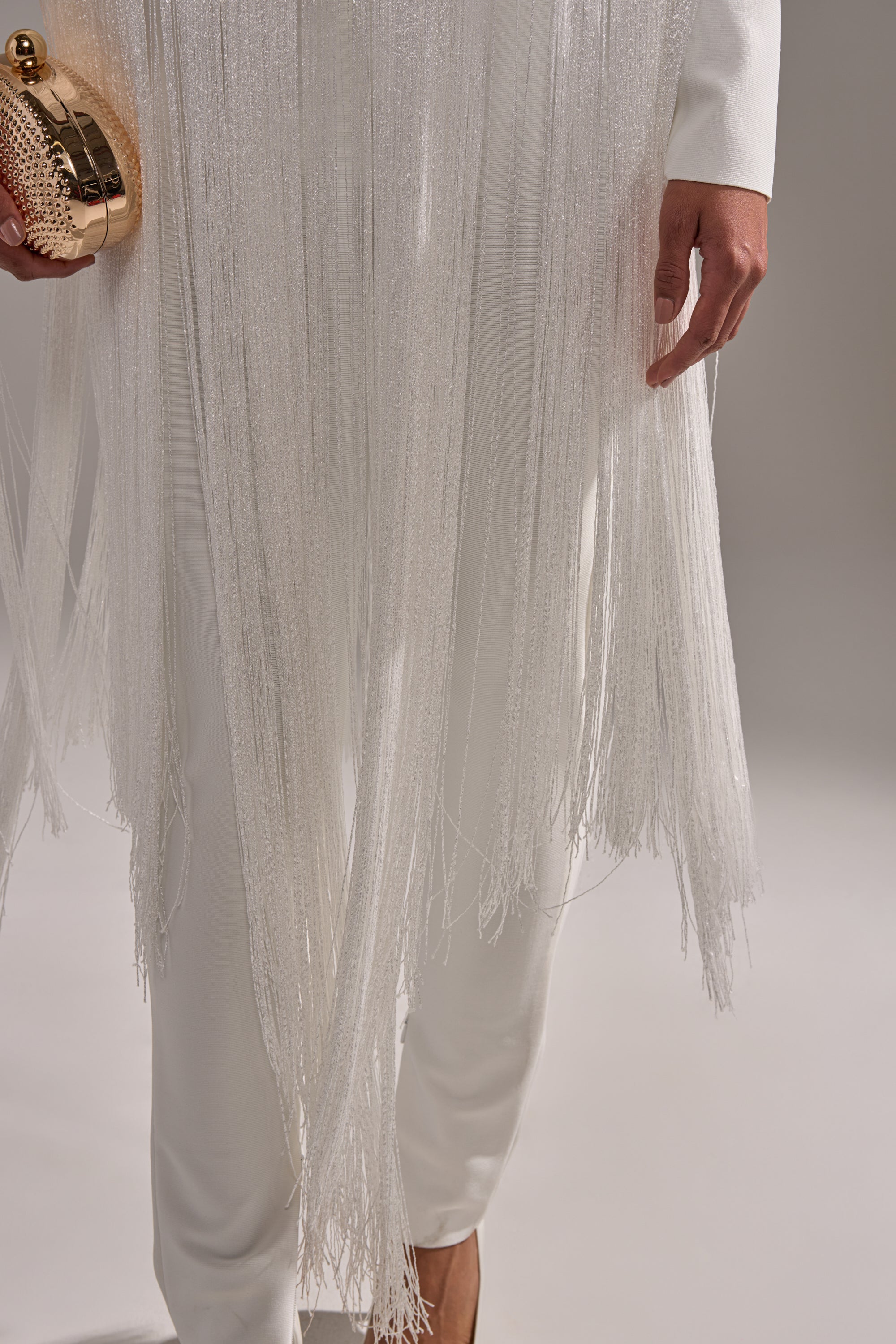 BELLE BANDAGE JUMPSUIT WITH FRINGE IN WHITE