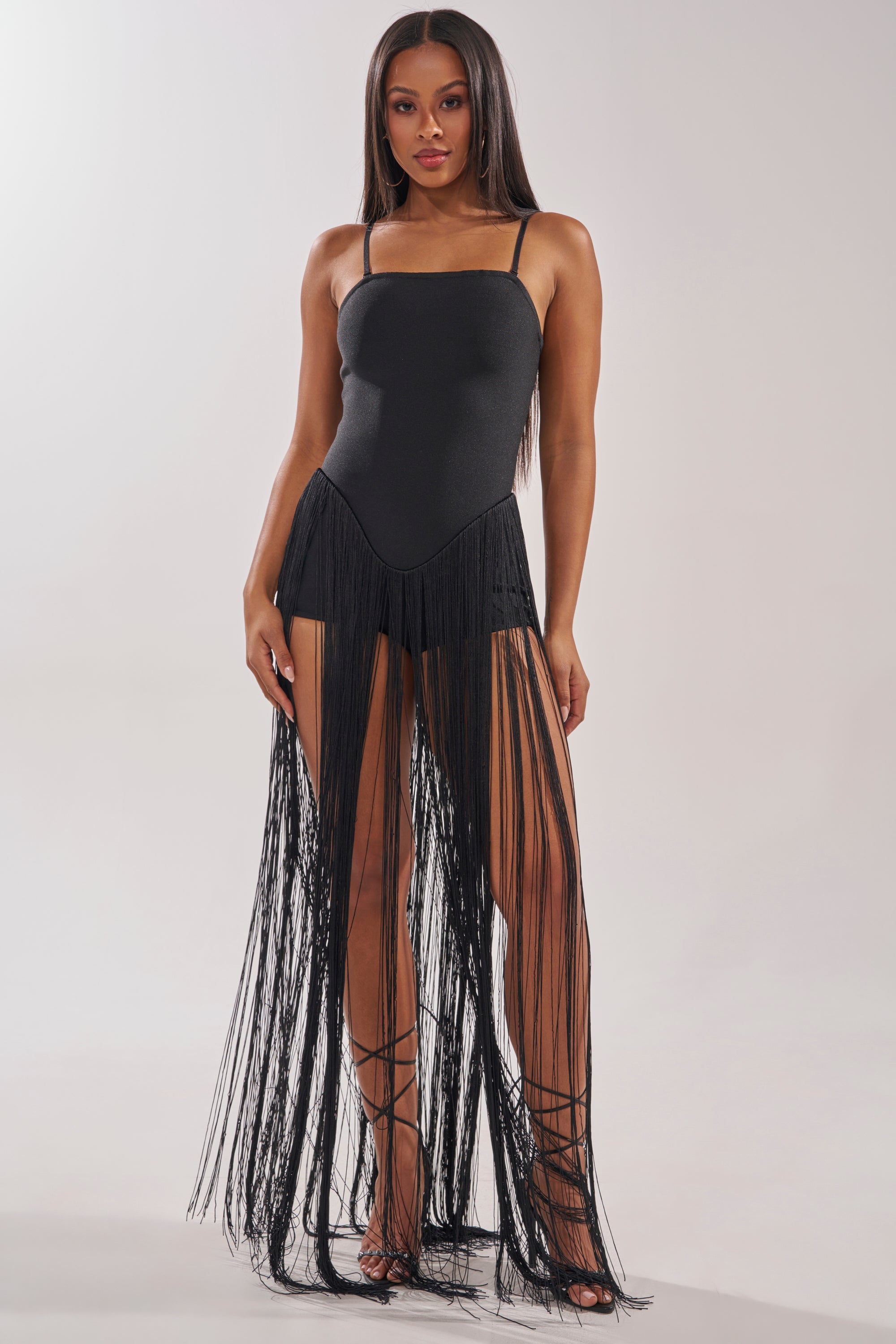 TRY ME STRAPLESS FRINGE MAXI DRESS