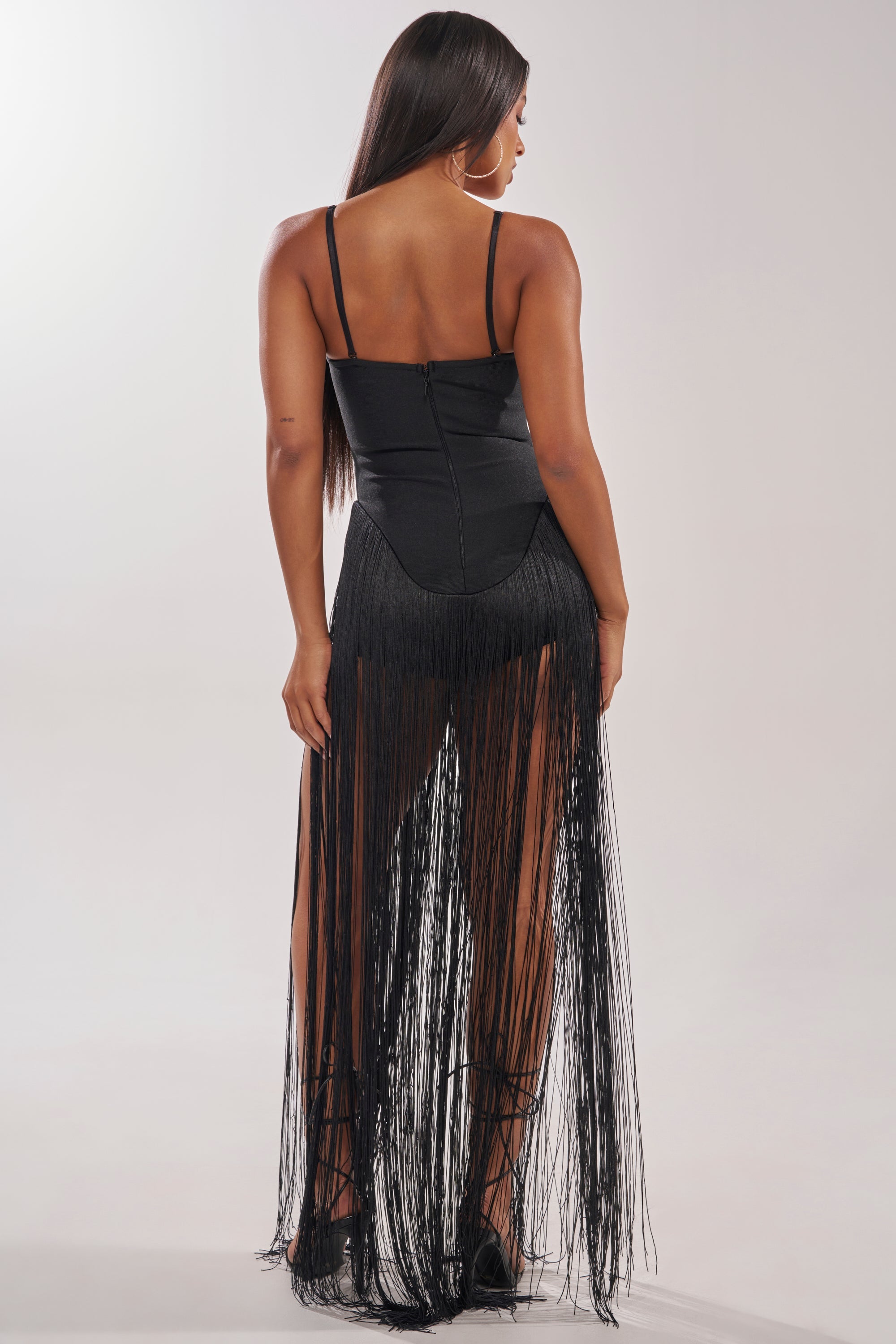 TRY ME STRAPLESS FRINGE MAXI DRESS