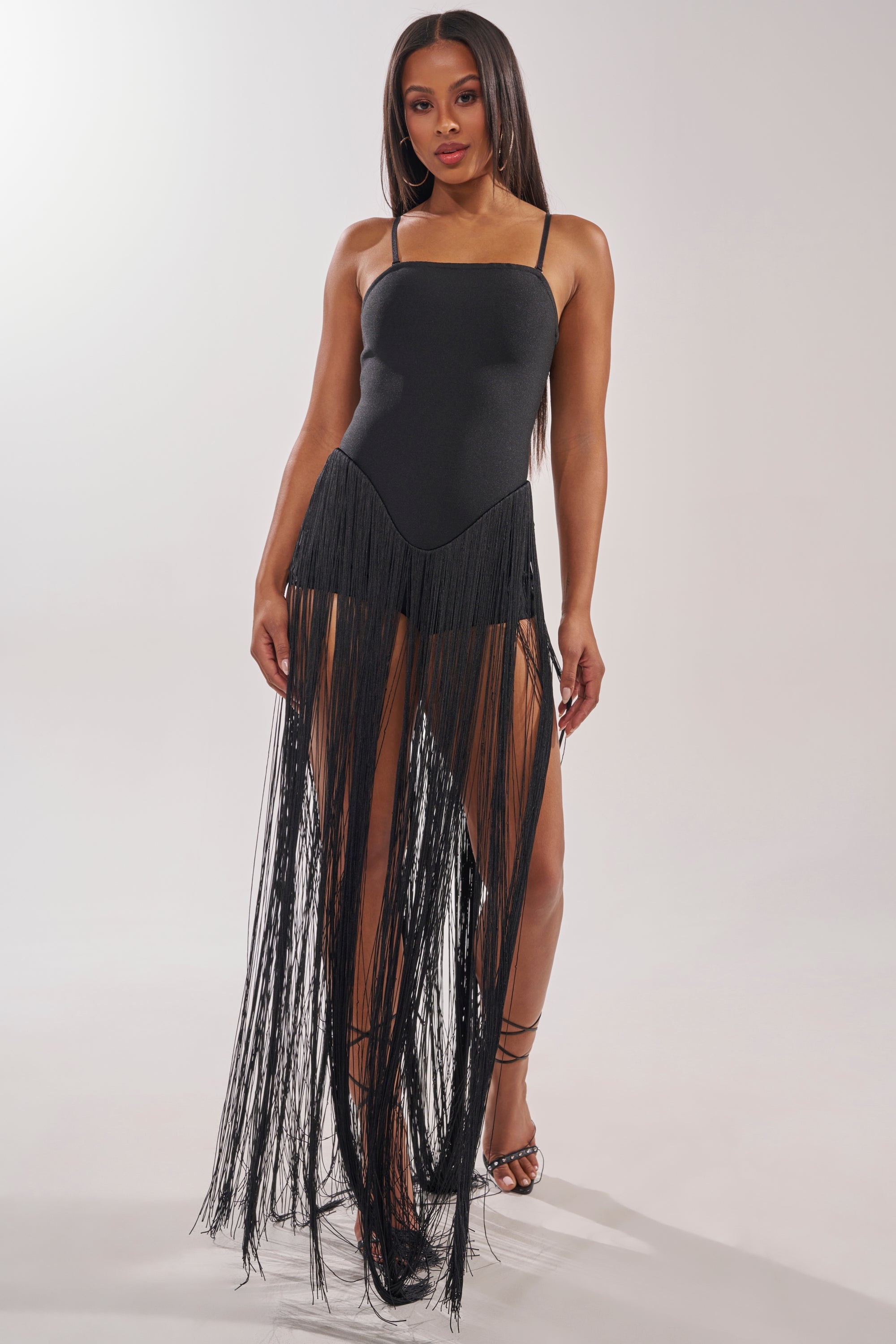 TRY ME STRAPLESS FRINGE MAXI DRESS