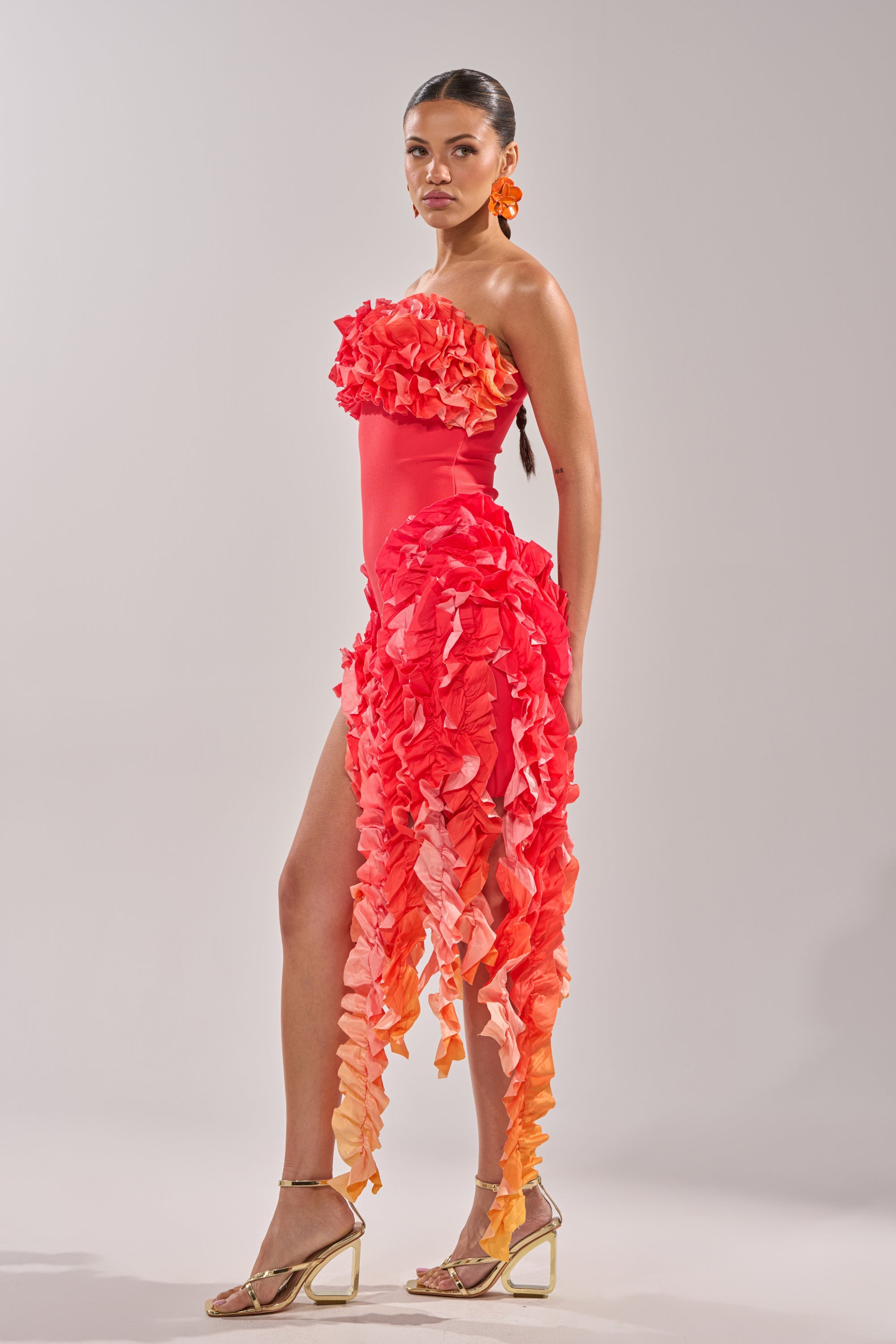 CITY LIGHTS RUFFLE MAXI DRESS IN RED OMBRE
