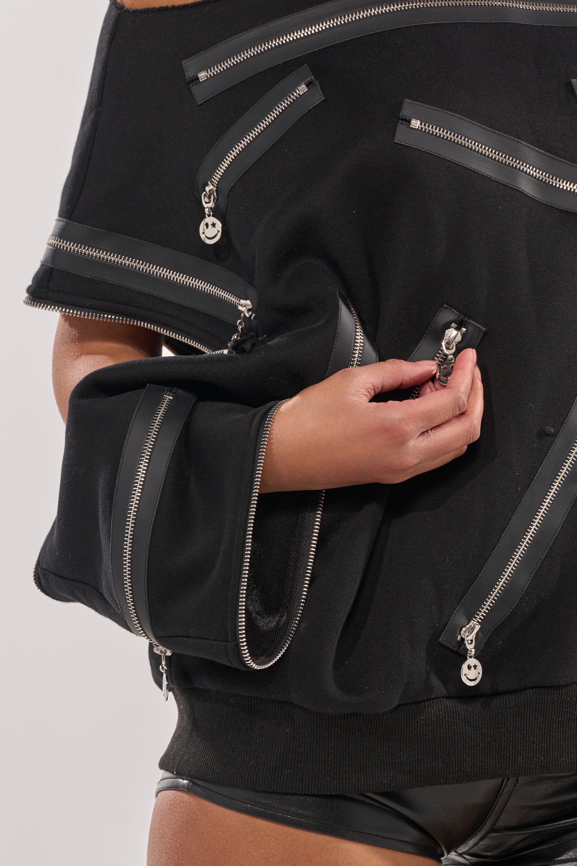 UN-ZIP ME OFF THE SHOULDER SWEATSHIRT