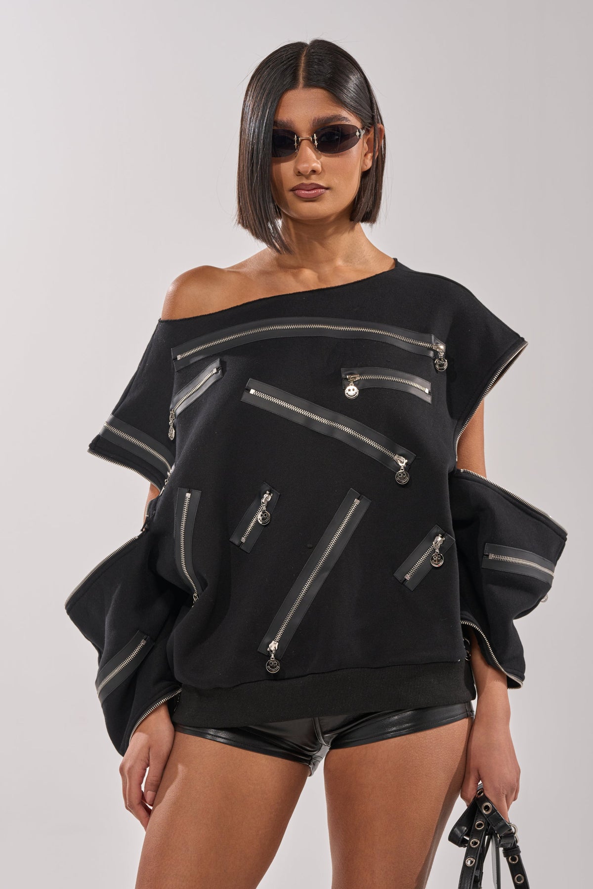 UN-ZIP ME OFF THE SHOULDER SWEATSHIRT