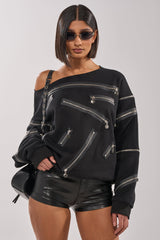 UN-ZIP ME OFF THE SHOULDER SWEATSHIRT