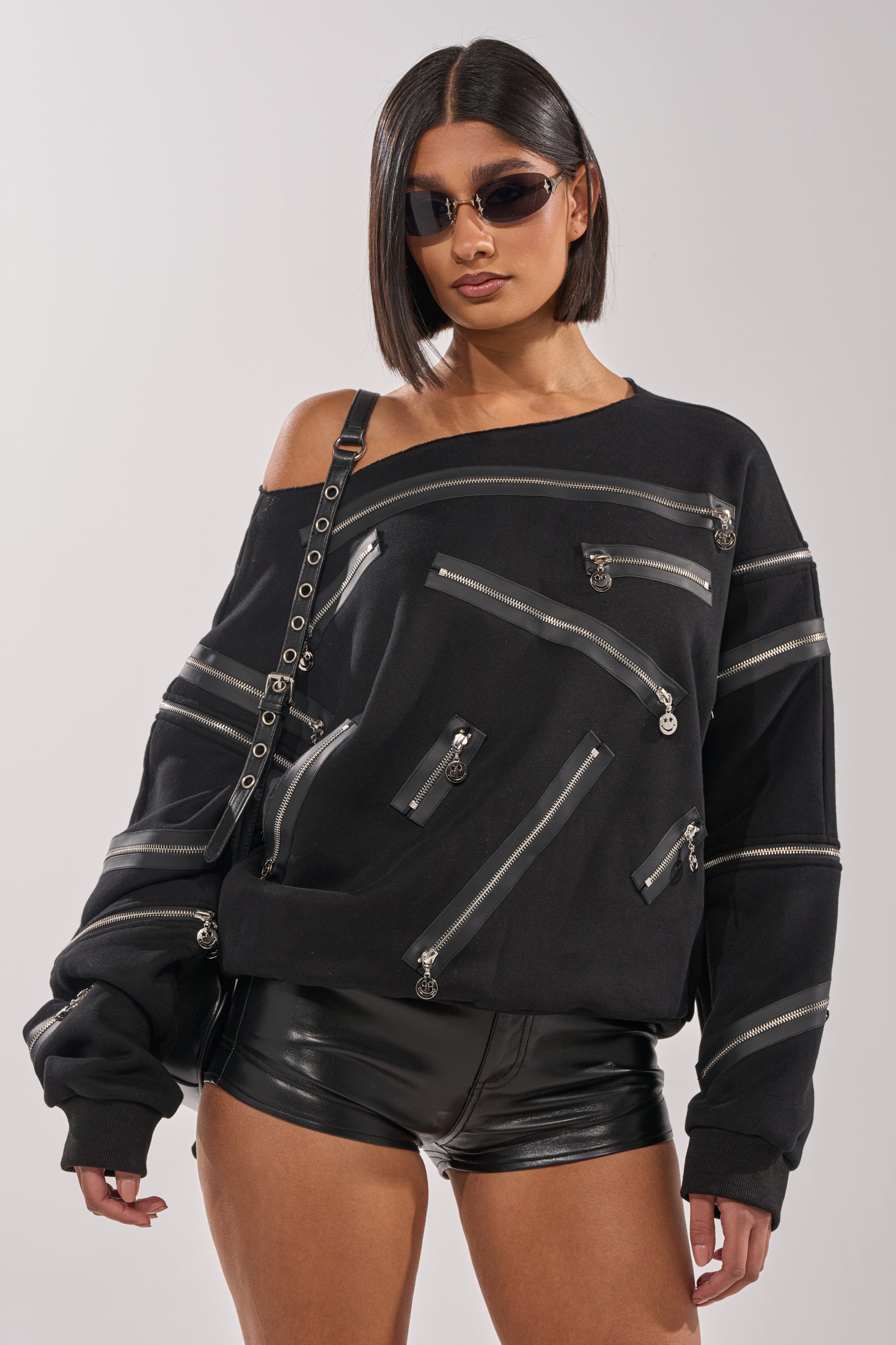 UN-ZIP ME OFF THE SHOULDER SWEATSHIRT