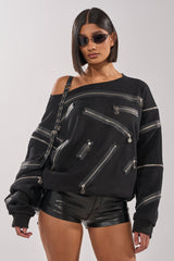 UN-ZIP ME OFF THE SHOULDER SWEATSHIRT
