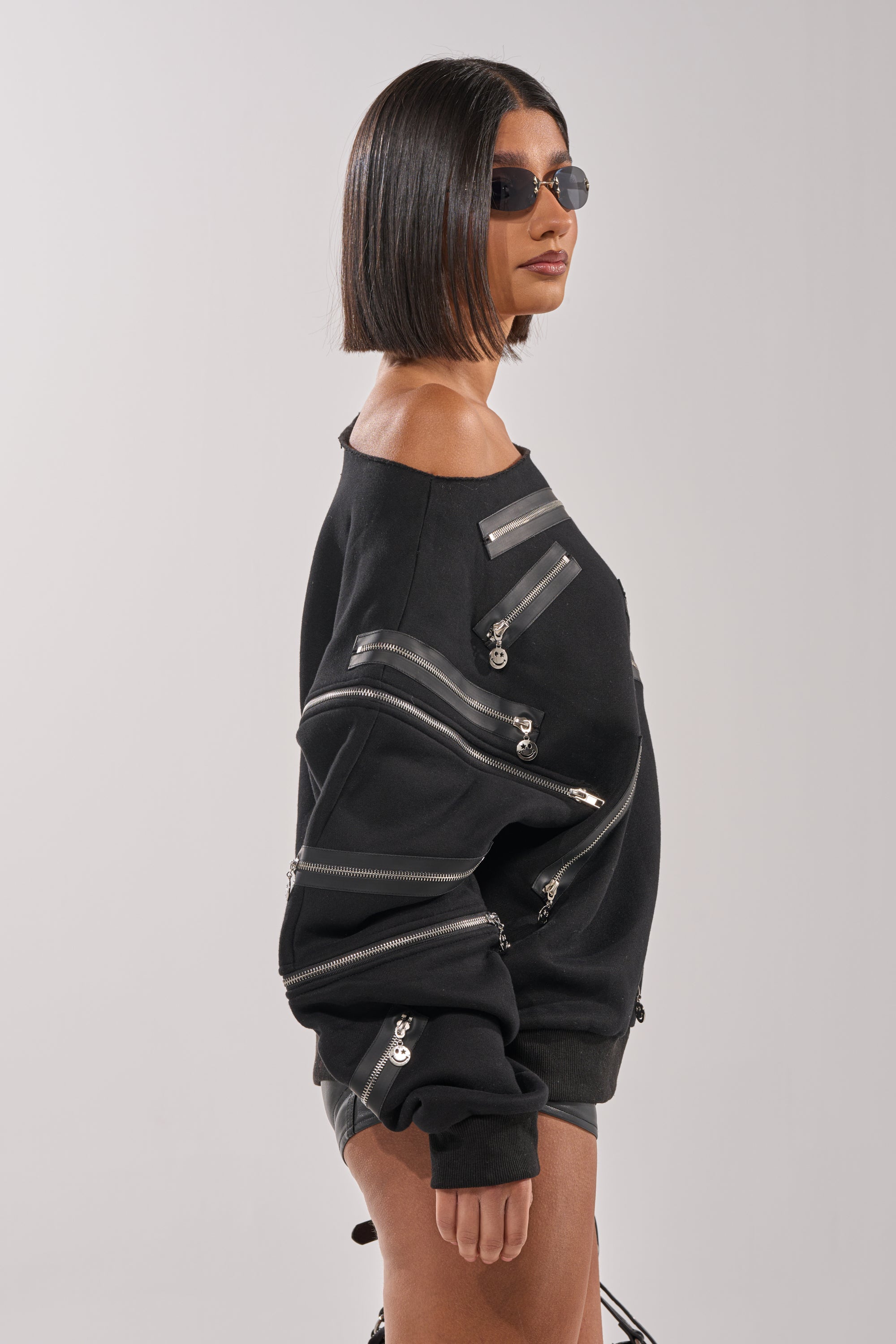 UN-ZIP ME OFF THE SHOULDER SWEATSHIRT