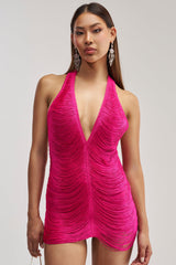 DID SOMEONE SAY FIERCE FRINGE MINI DRESS IN FUCHSIA
