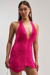 DID SOMEONE SAY FIERCE FRINGE MINI DRESS IN FUCHSIA