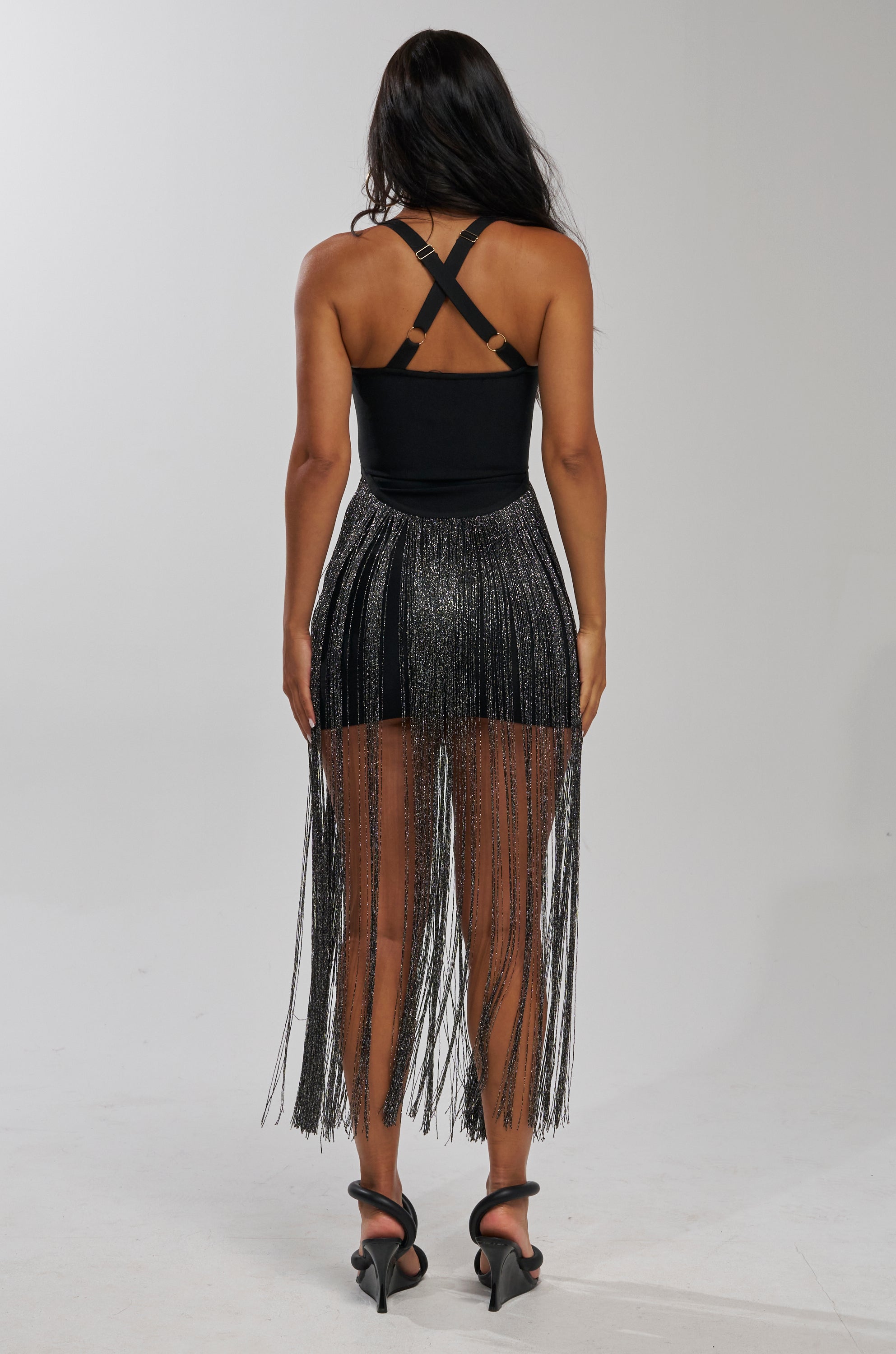 NO RULES BANDAGE MAXI DRESS WITH FRINGE IN BLACK