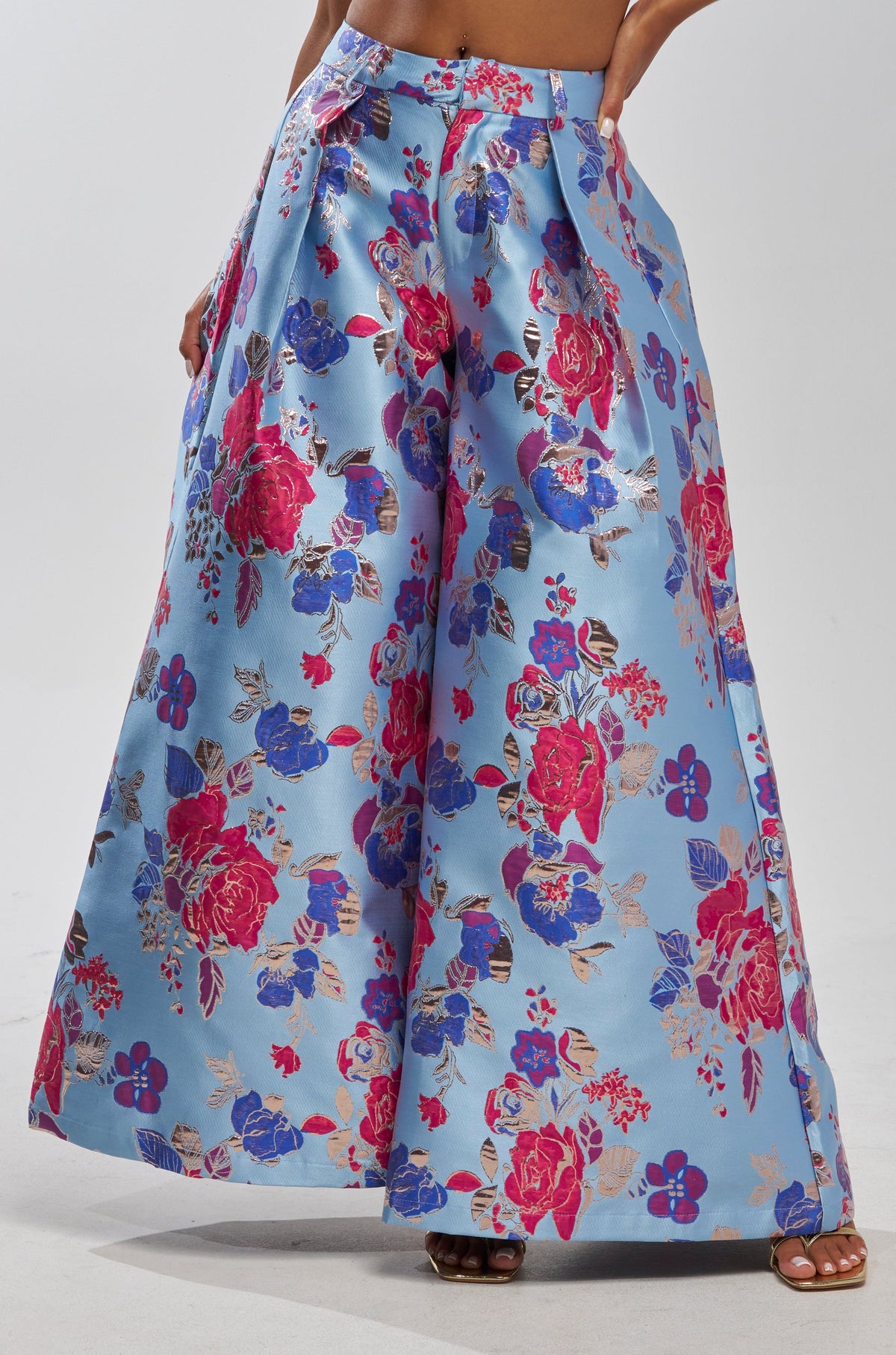 BUY MYSELF FLOWERS BROCADE TROUSER IN BLUE